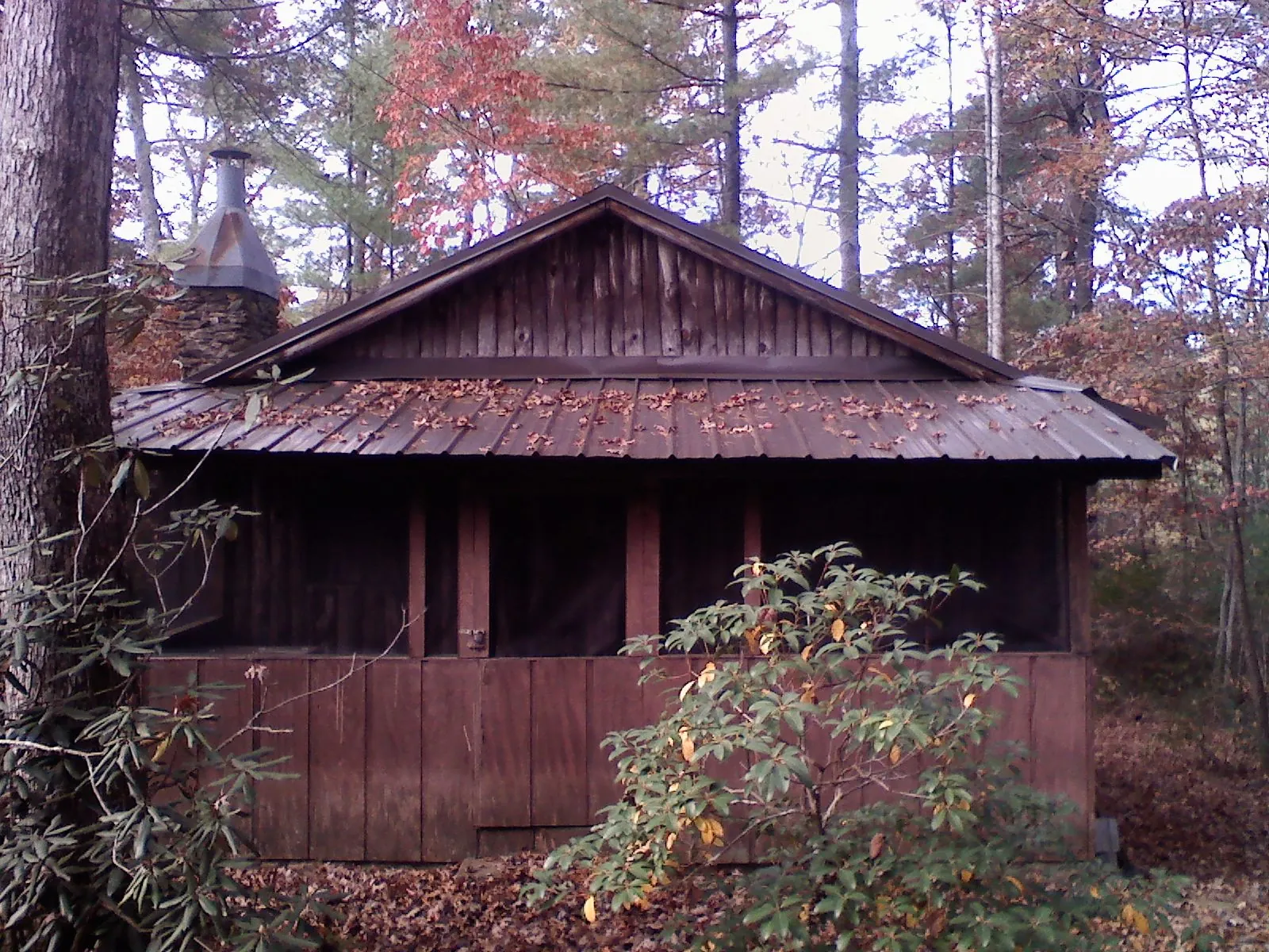 Metal roof over the screened porch of a rustic cabin in Rocky Top