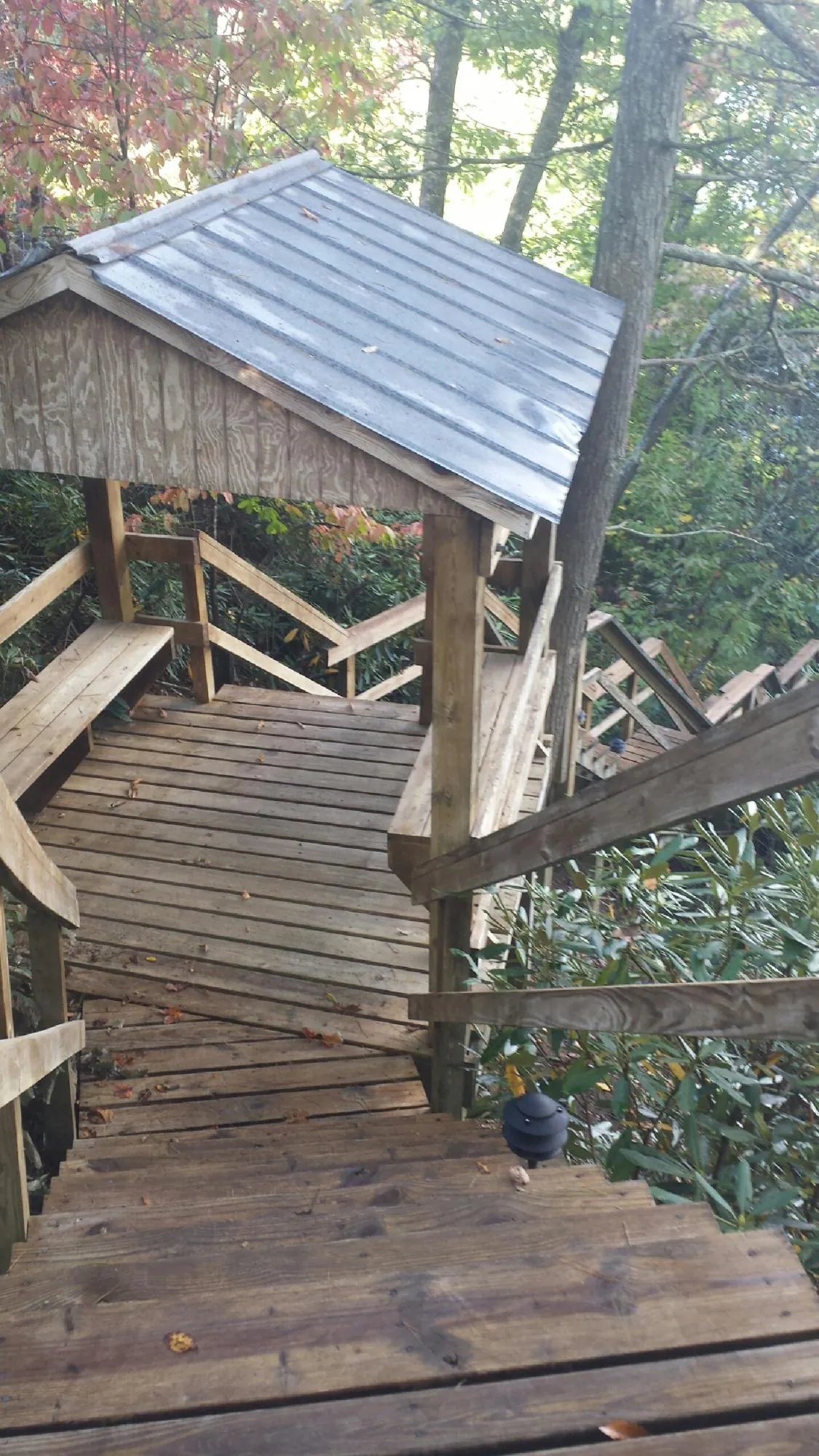 Metal roofed shelter over wooden steps on a wooded walkway — Skylight Repair & Installation work by our crew in Rocky Top